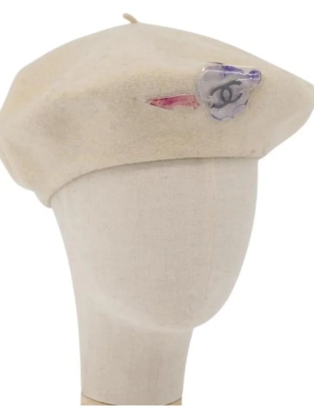 CHANEL Hat Wool Ivory CC Auth 176876A